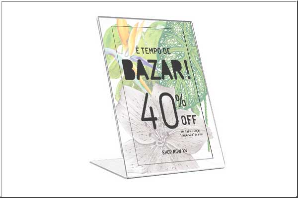 Modelo de Display A4, em acrílico, para balcão | Bárions Produções